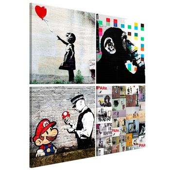 Tablou canvas 4 piese - Colaj Banksy - 80 x 80 cm Tablou canvas 4 piese - Colaj Banksy - 80 x 80 cm