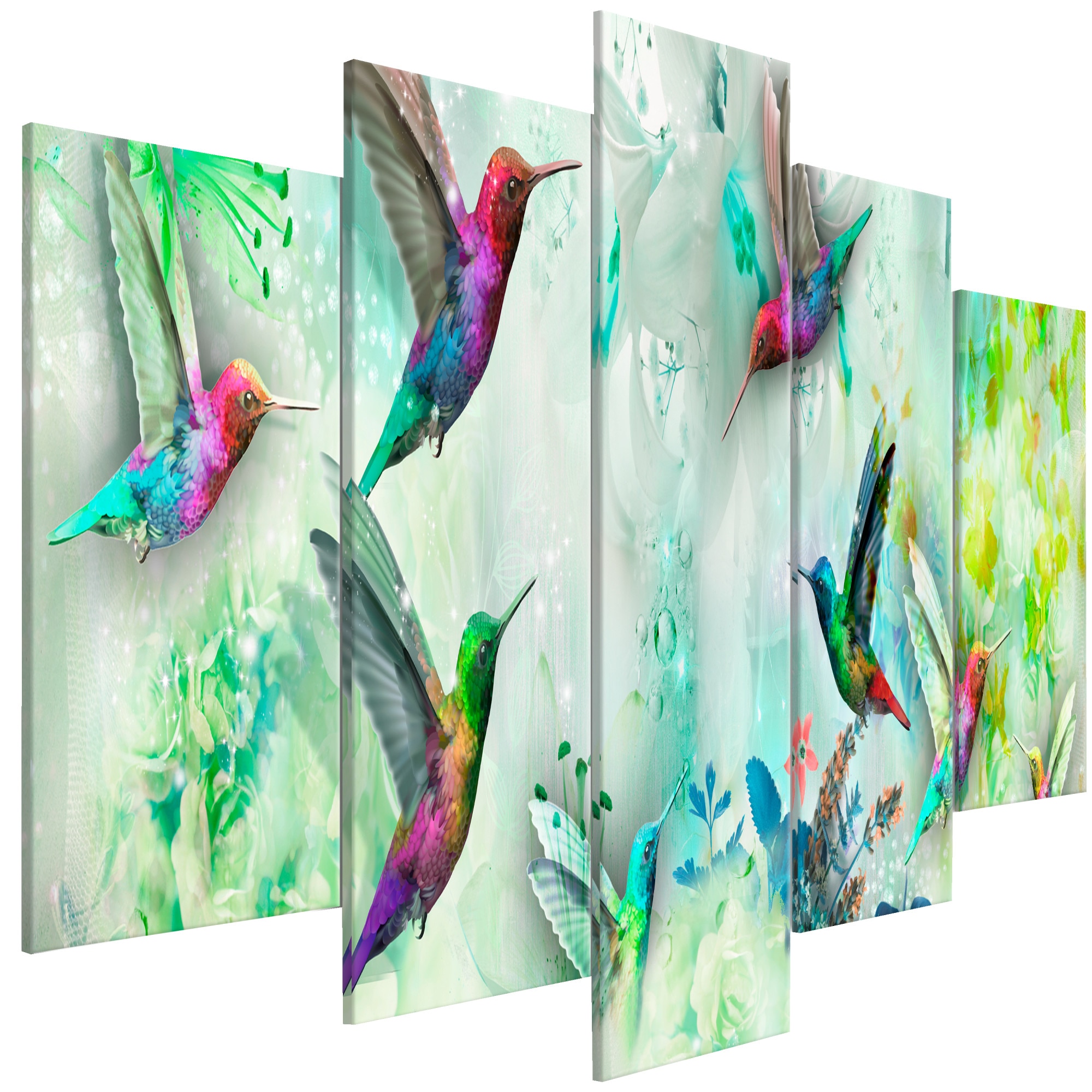 Tablou canvas 5 piese - Colibri colorate verde larg - 200 x 100 cm