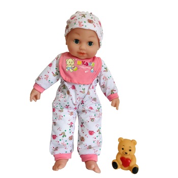Papusa bebelus cu corp moale si baterii, sunete mama , tata, cu jucarie ursulet , inaltime 45 cm Papusa bebelus cu corp moale si baterii, sunete mama , tata, cu jucarie ursulet , inaltime 45 cm