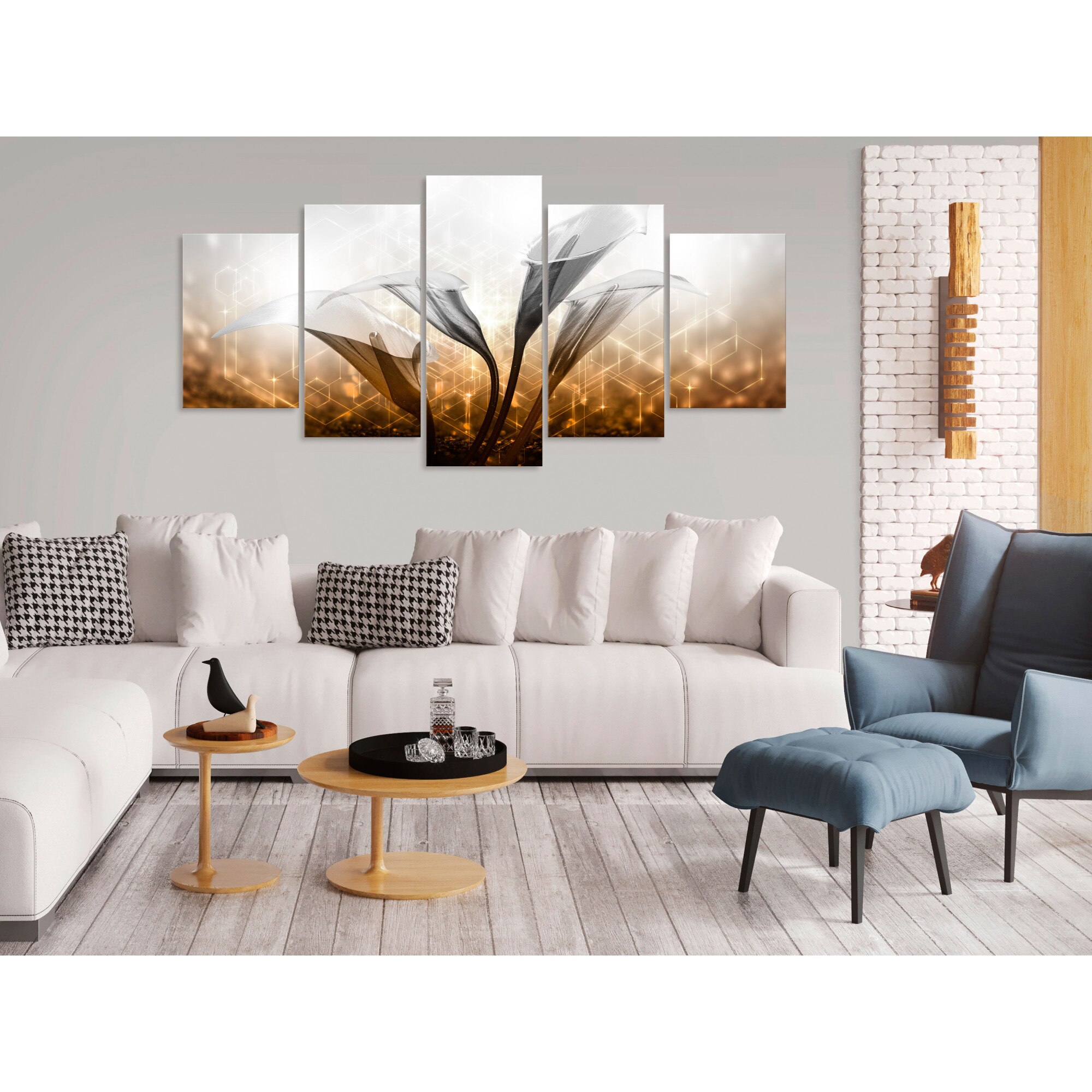 Tablou canvas 5 piese - Cvartetul floral larg de aur - 200 x 100 cm