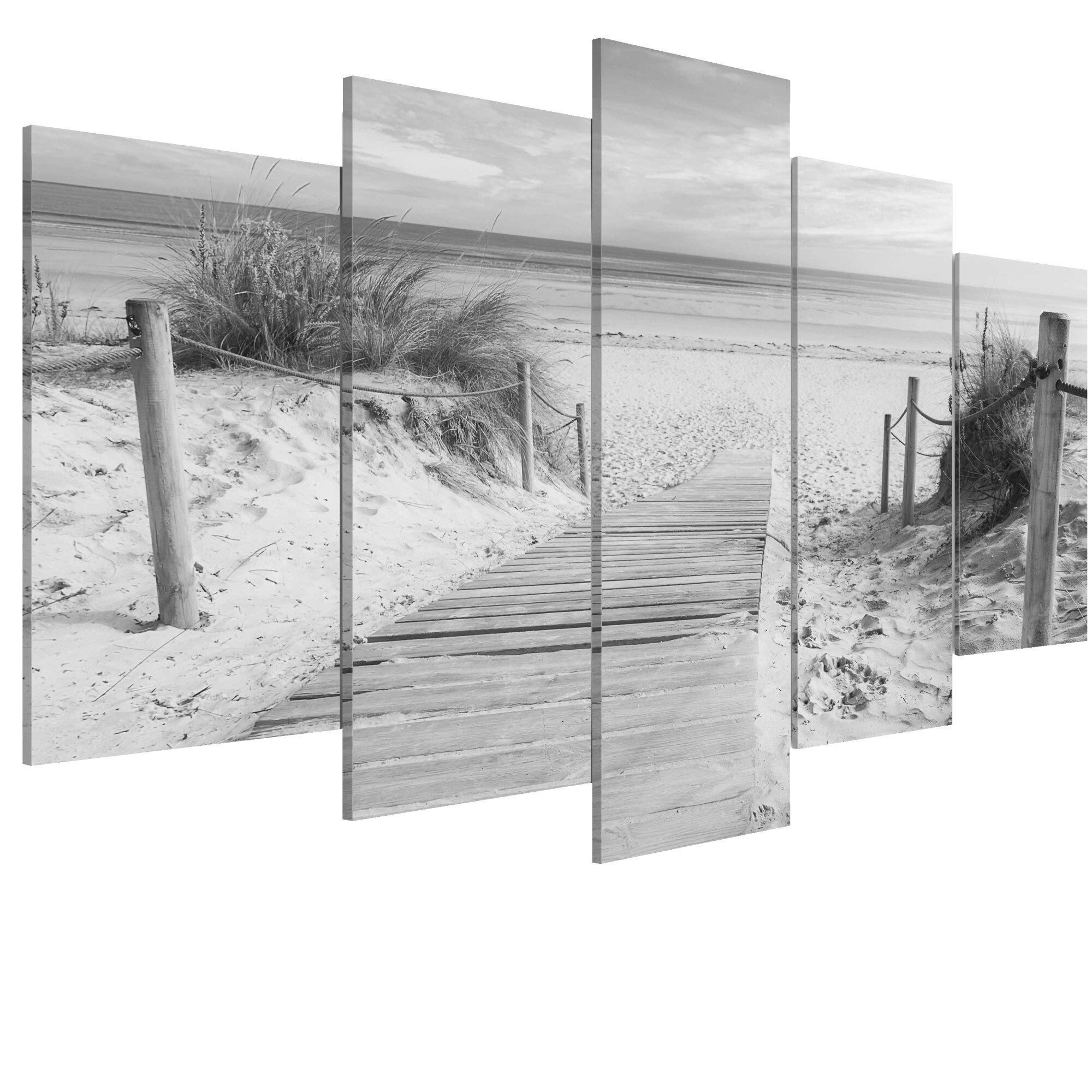 Tablou canvas 5 piese - Dimineata pe plaja alb-negru - 100 x 50 cm