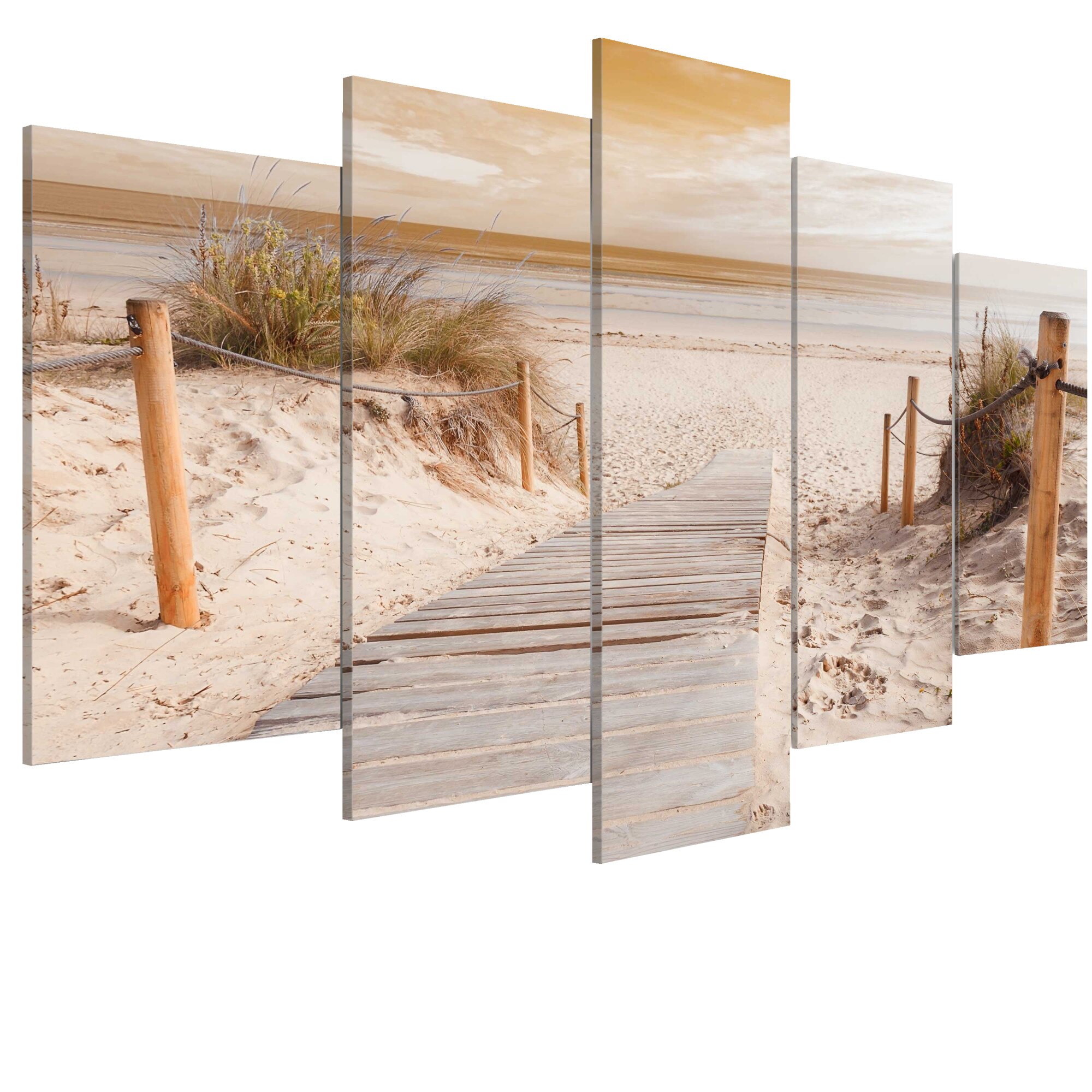 Tablou canvas 5 piese - Dimineata pe sepia pe plaja - 200 x 100 cm