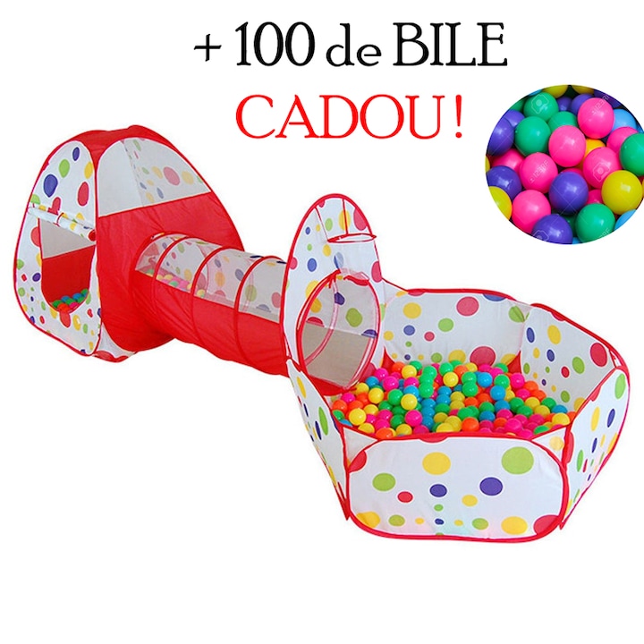 Loc de joaca 3 in 1 ideal pentru copii cu 100 de bile multicolore cadou, format din cort, tunel intermediar si piscina