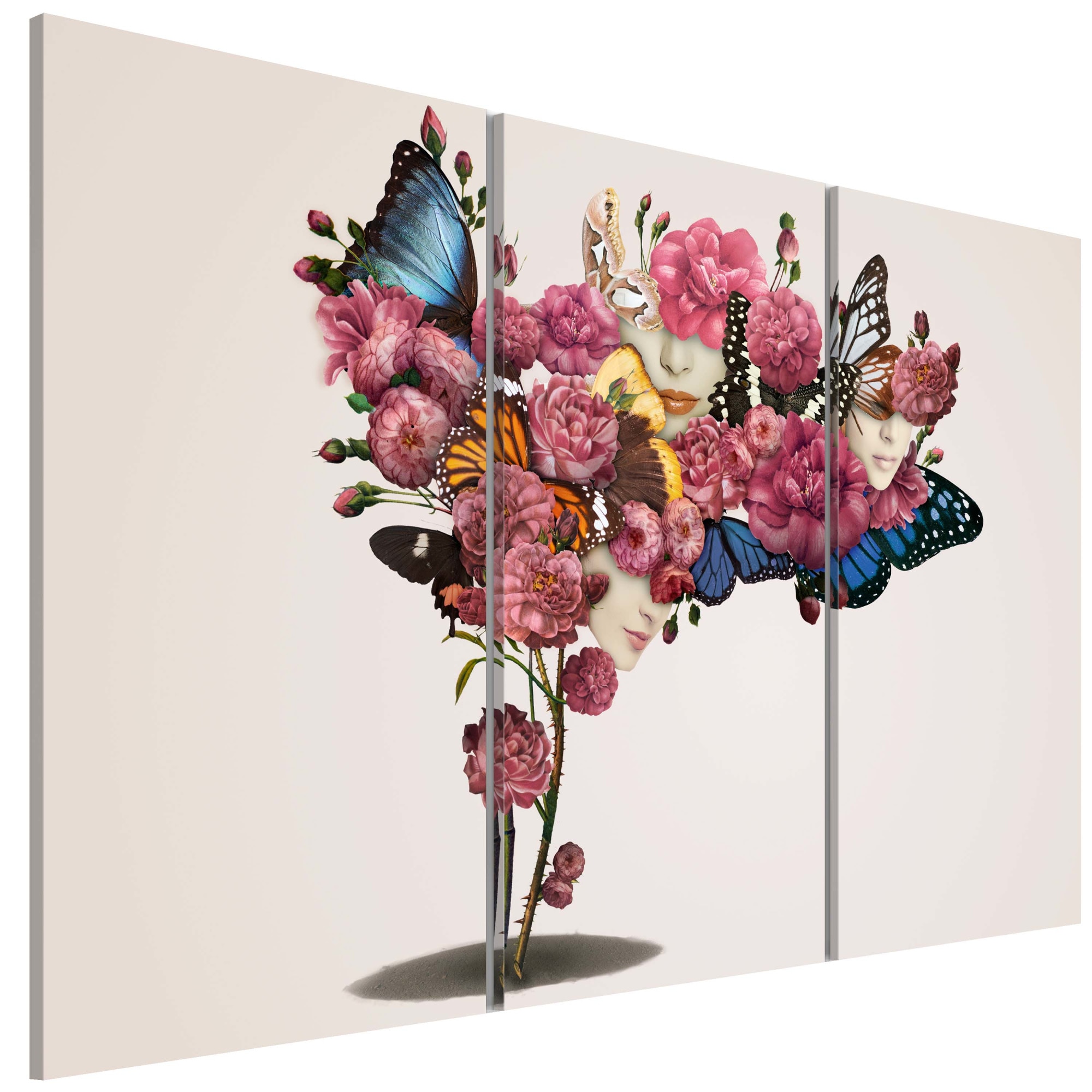 Tablou canvas 3 piese - Fluturi, flori Si carnaval - 90 x 60 cm