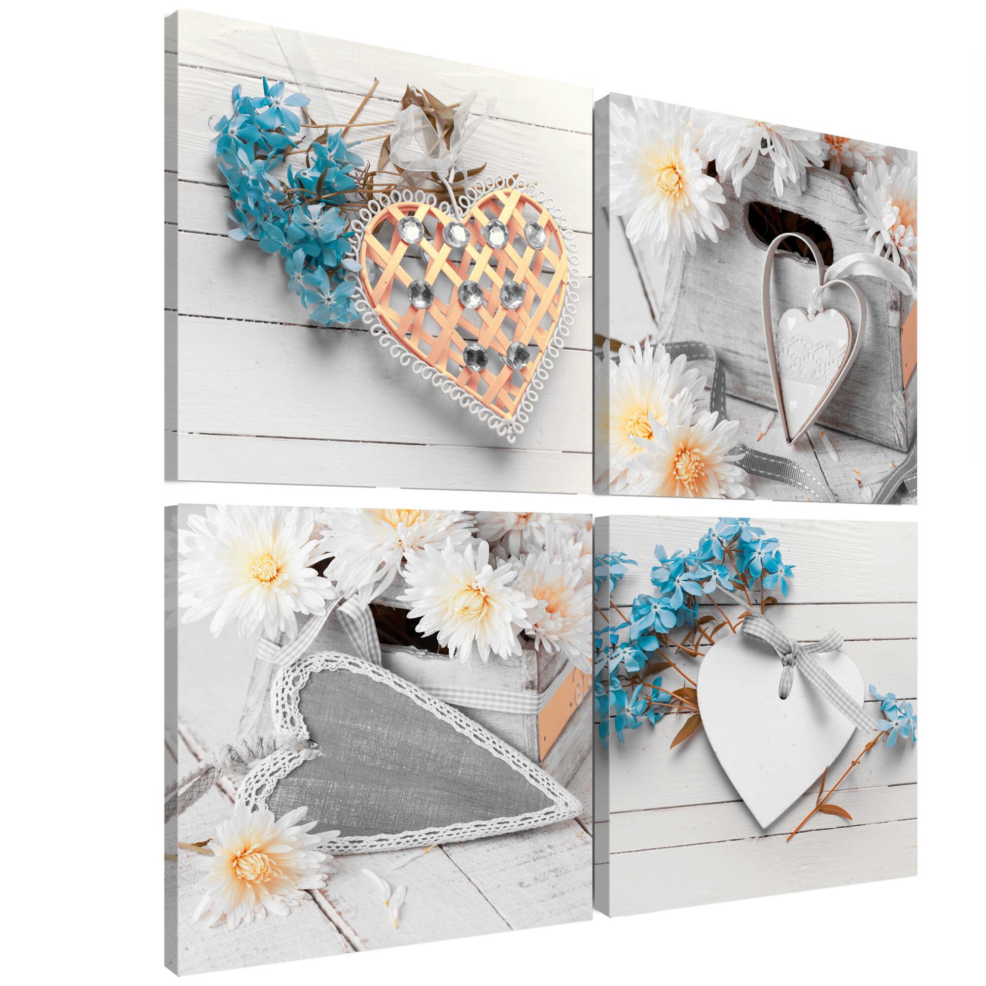 Tablou canvas 4 piese - Flori Si inimi - 60 x 60 cm