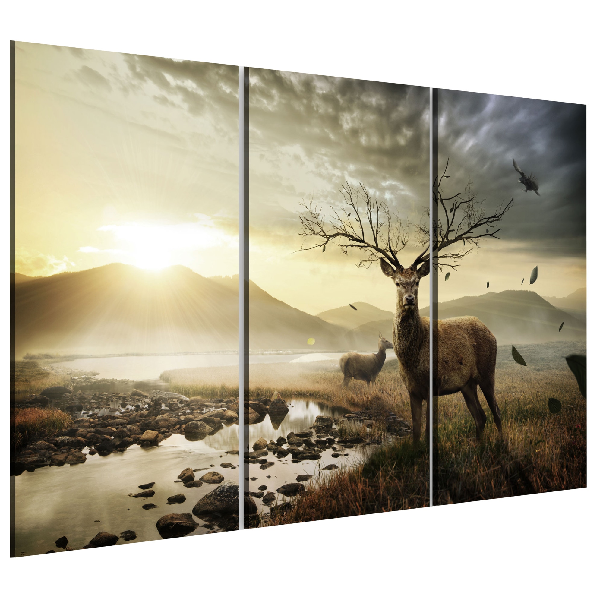 Tablou canvas 3 piese - Cerb cu un copac ca niSte furnici - 90 x 60 cm