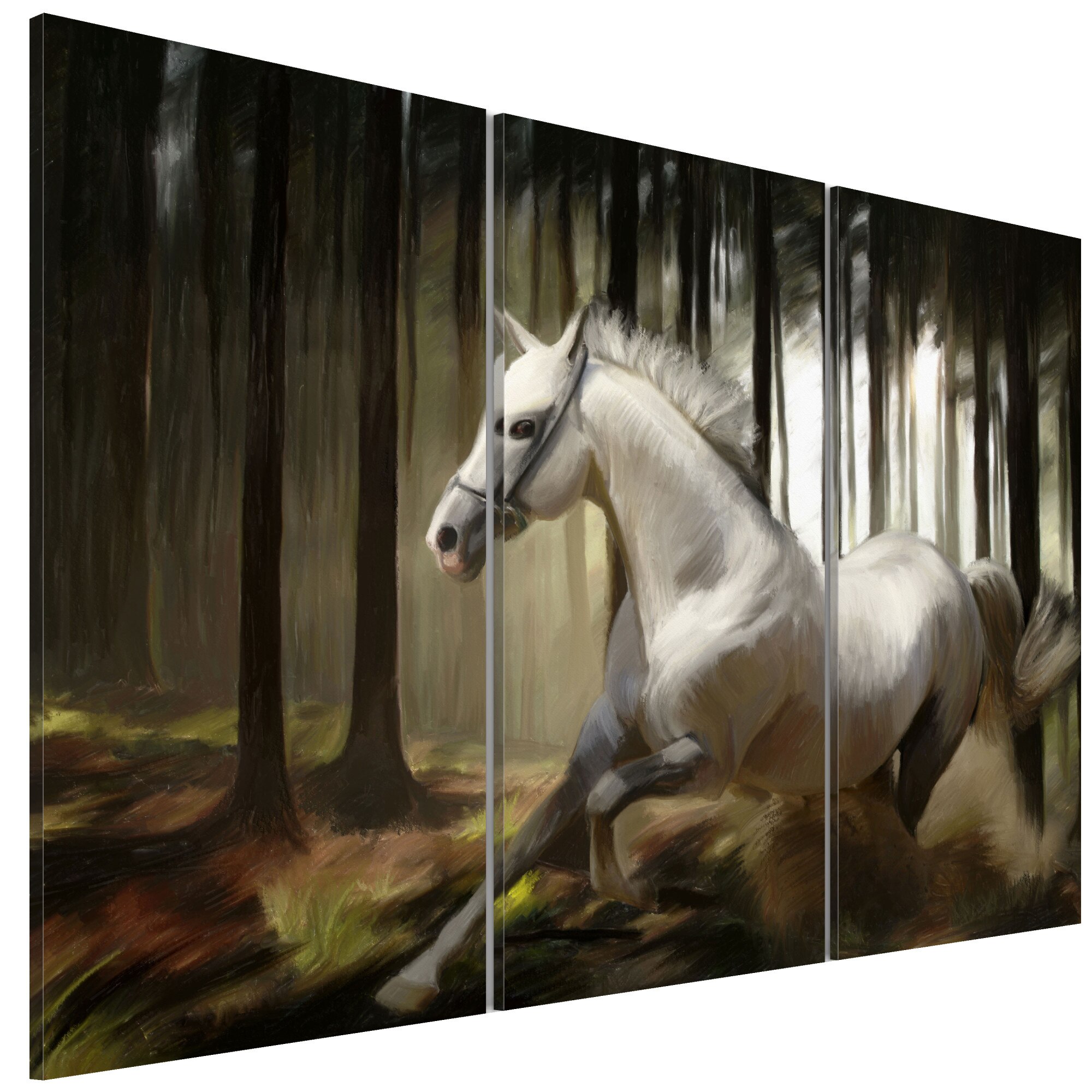 Tablou canvas 3 piese - Cal alb intre copaci - 90 x 60 cm