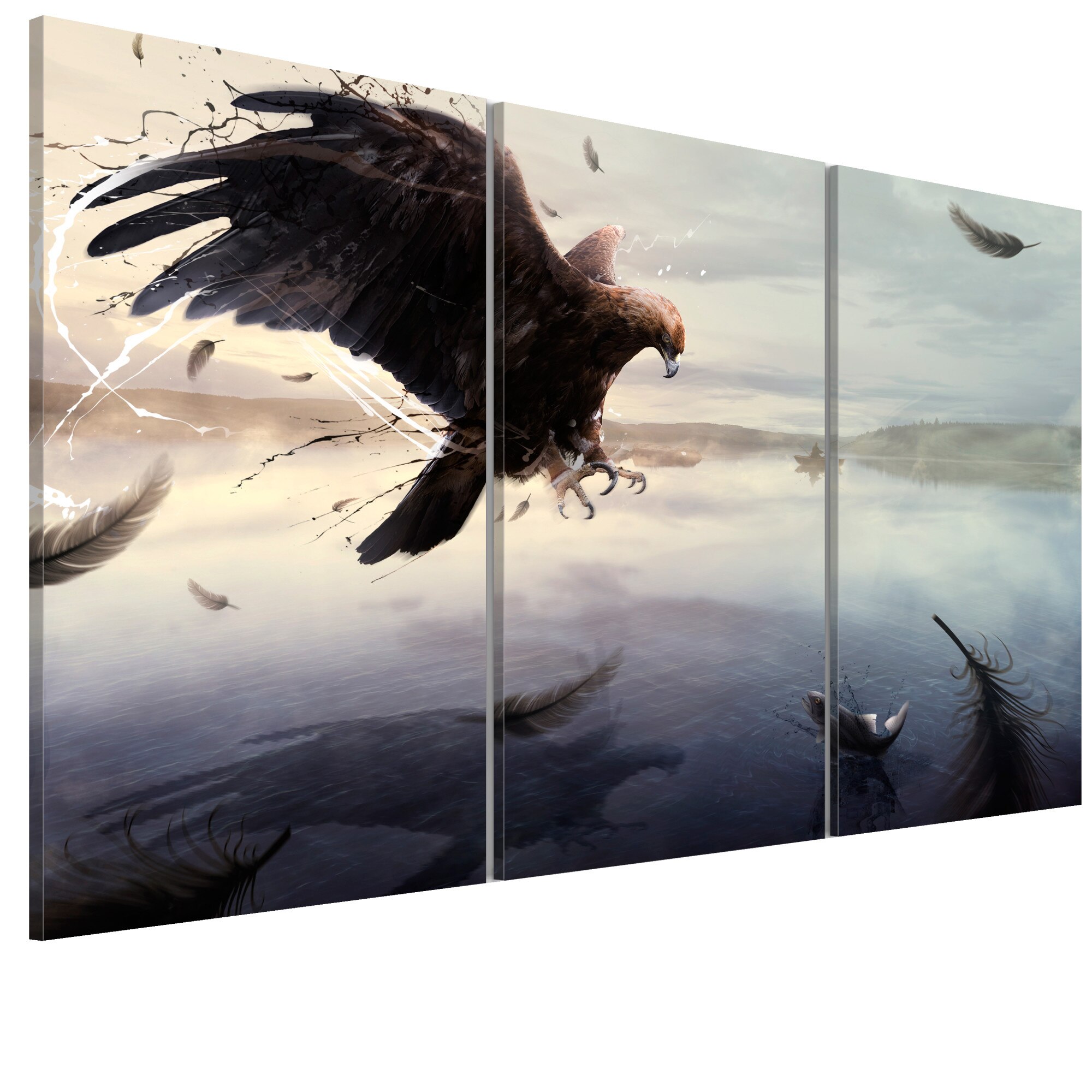 Tablou canvas 3 piese - Vulturul deasupra suprafetei unui lac - 90 x 60 cm