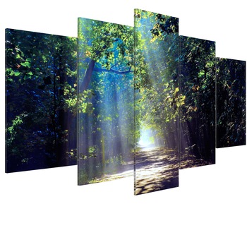 Tablou canvas 5 piese - Sunny Forest Path - 200 x 100 cm Tablou canvas 5 piese - Sunny Forest Path - 200 x 100 cm