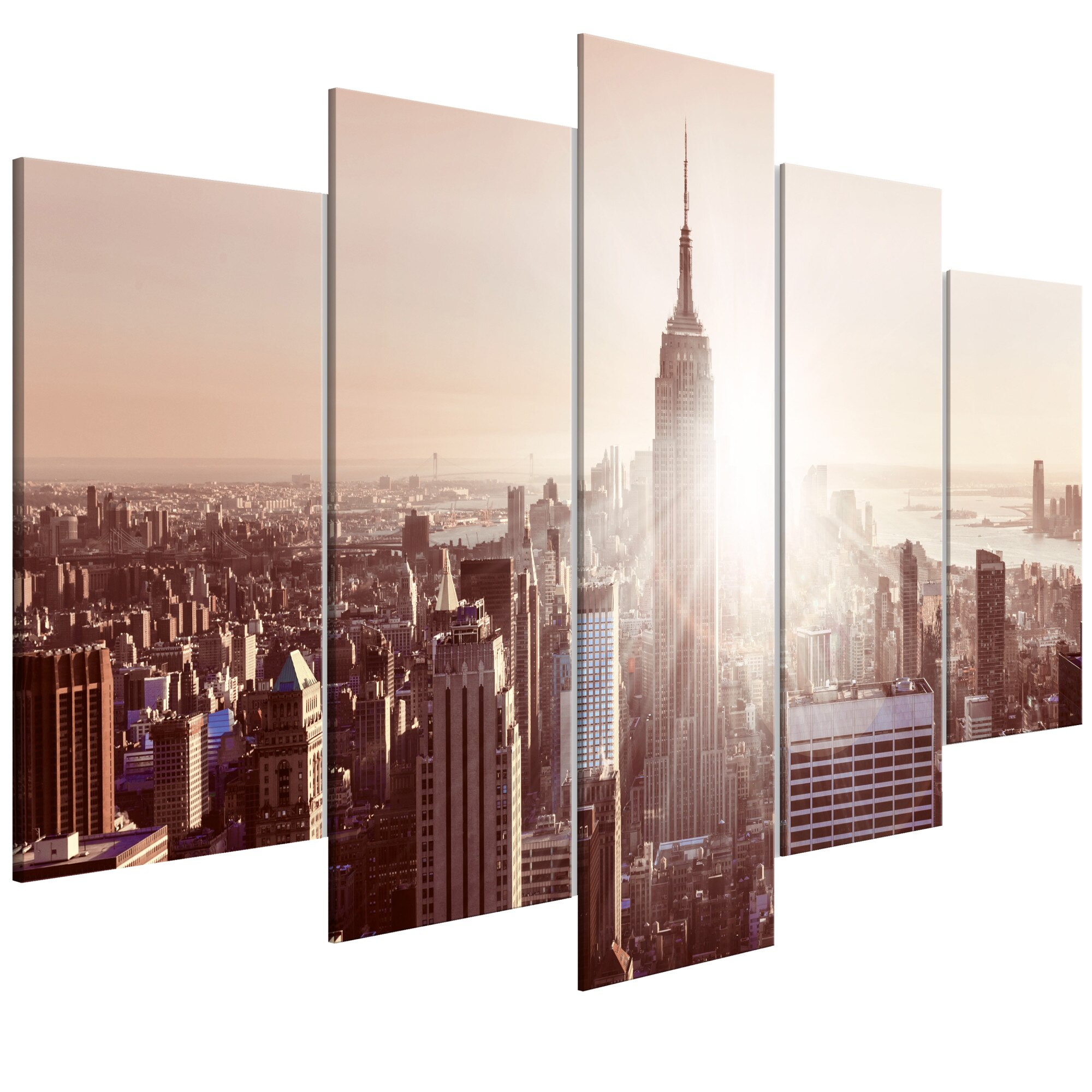 Tablou canvas 5 piese - Soare peste Manhattan Wide Brown - 200 x 100 cm