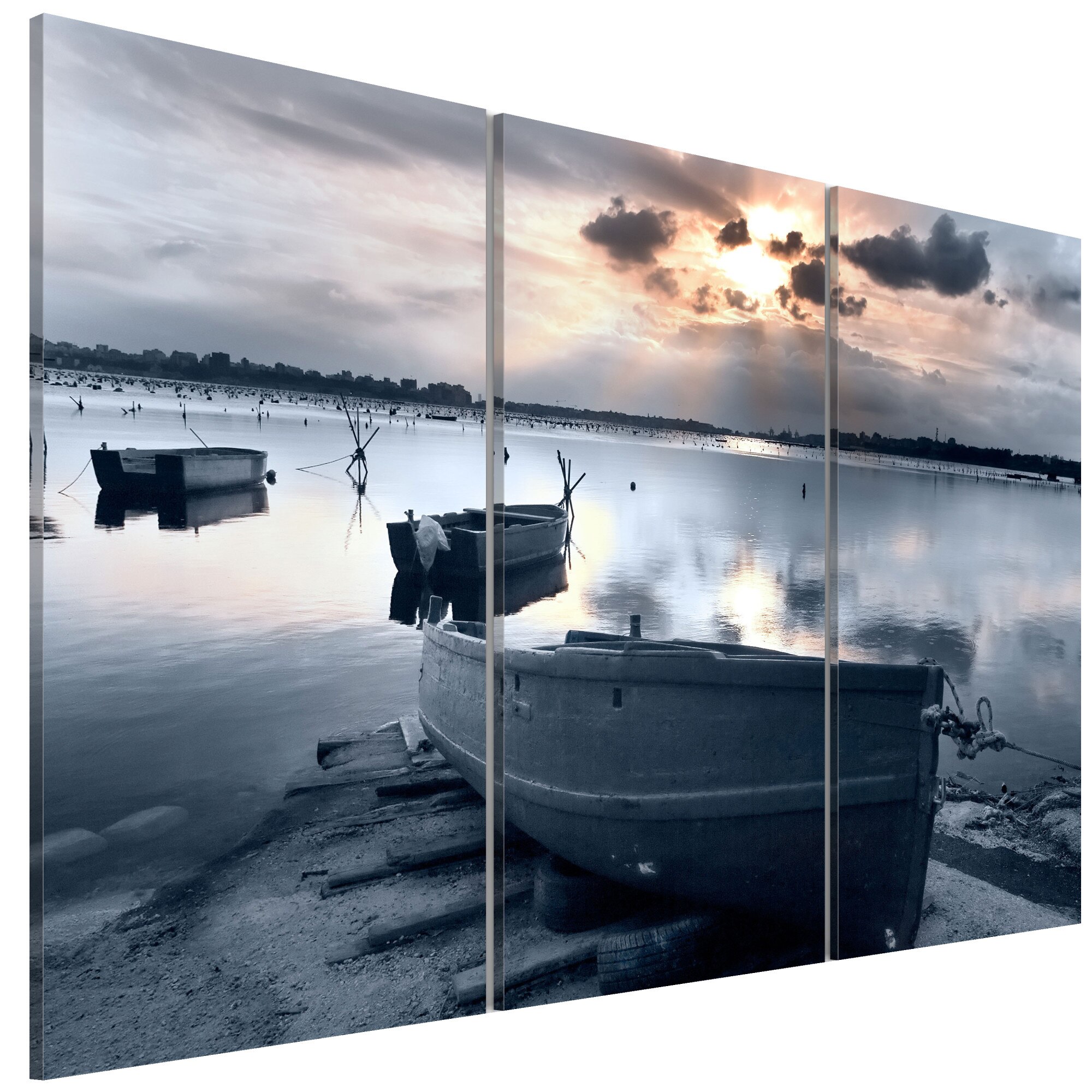 Tablou canvas 3 piese - Barca Asmall langa un lac - 90 x 60 cm