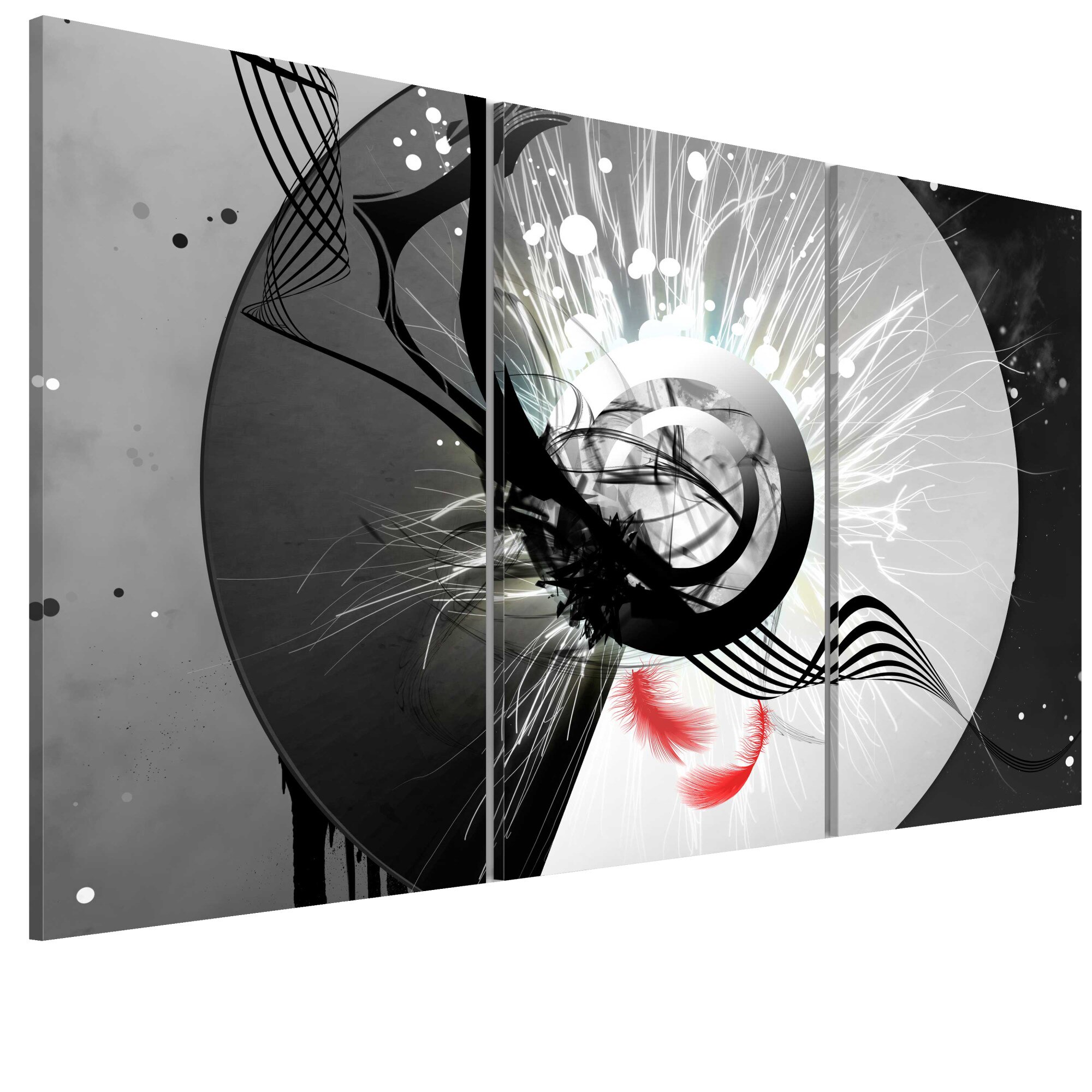 Tablou canvas 3 piese - Cercul metalic Si penele roSii - 90 x 60 cm