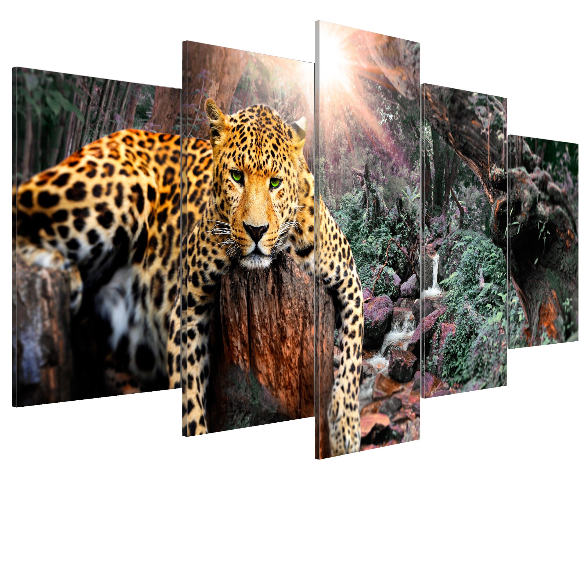 Tablou canvas 5 piese - Relaxare Leopard - 100 x 50 cm