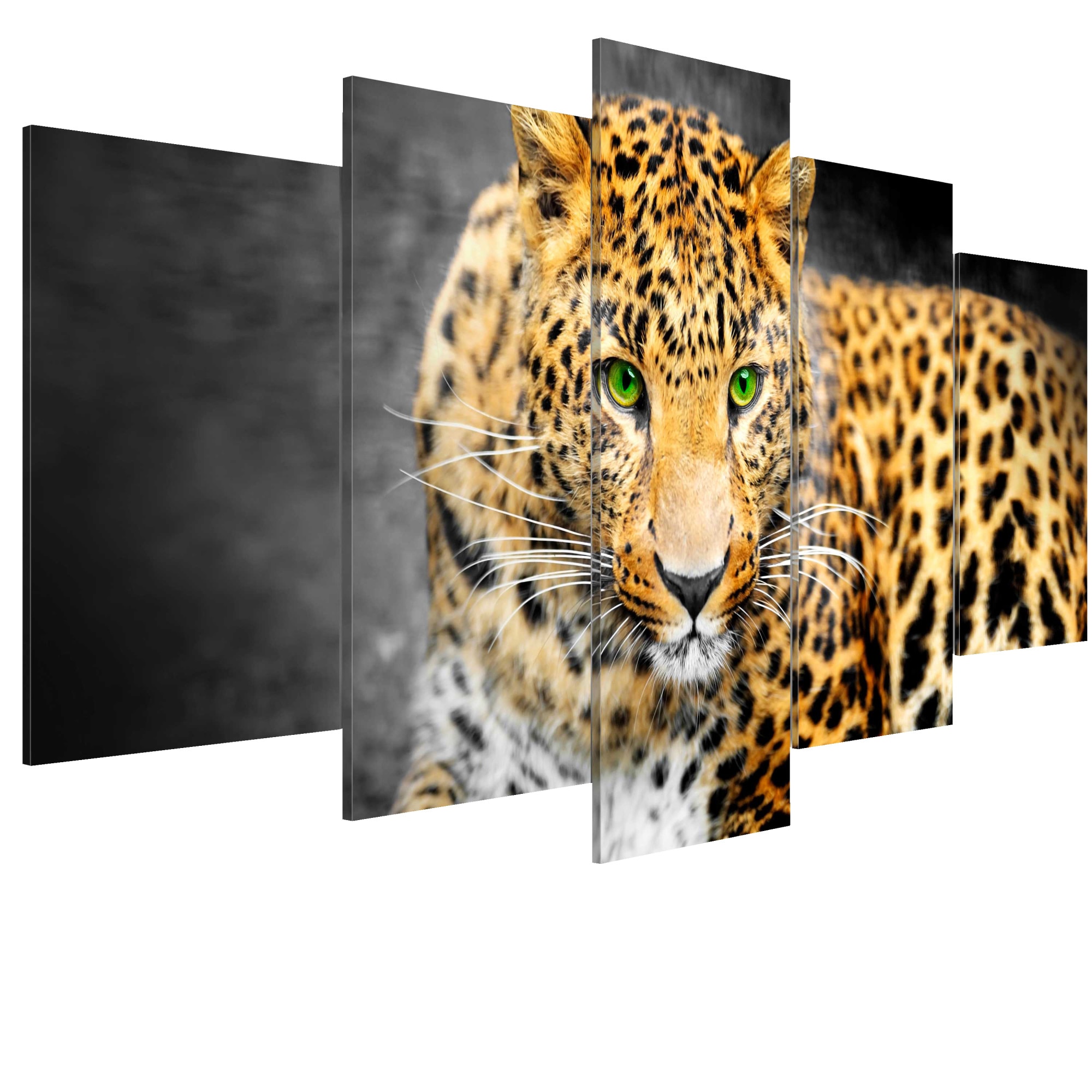 Tablou canvas 5 piese - Leopard cu ochi verzi - 100 x 50 cm