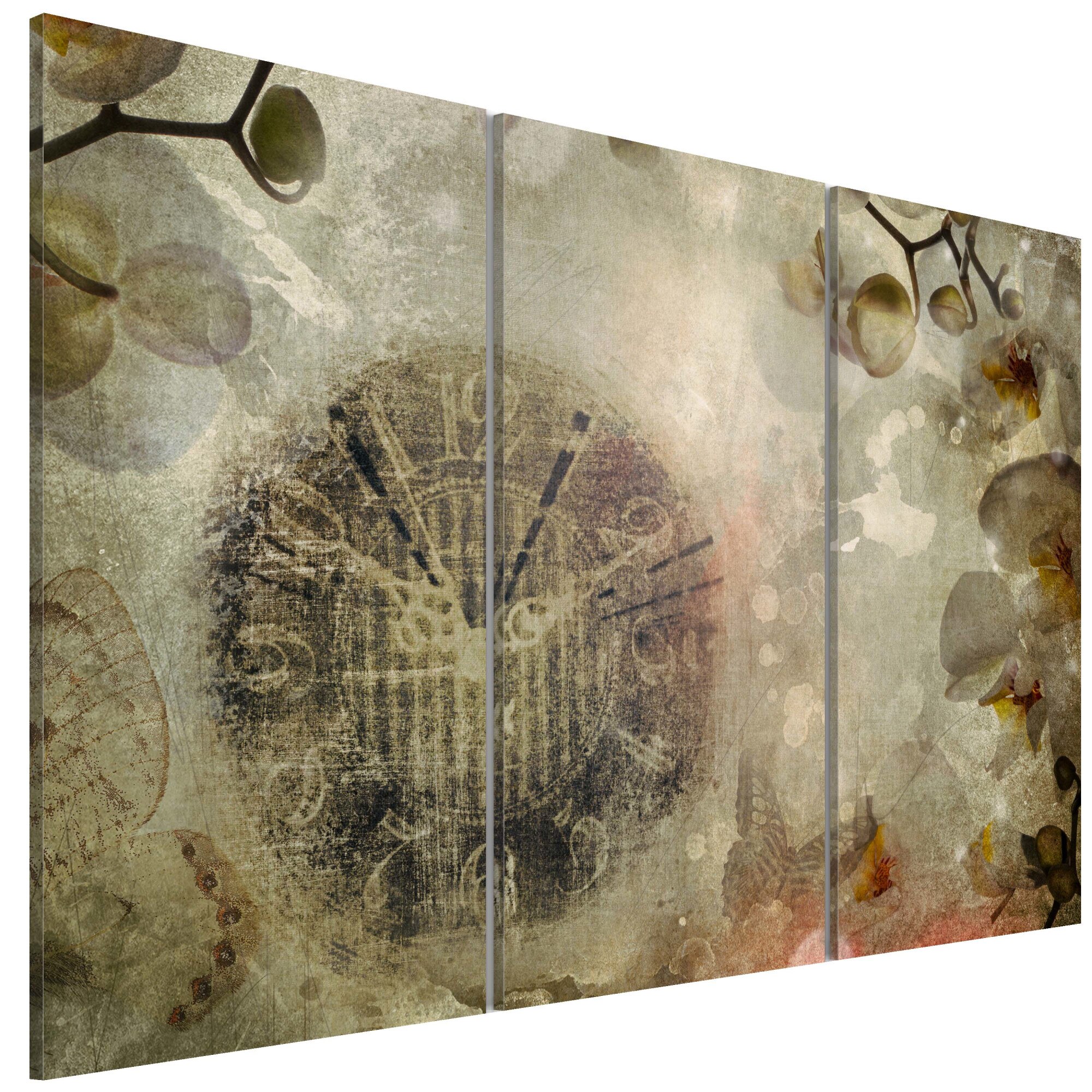 Tablou canvas 3 piese - Triptic vintage, ceas Si orhidee - 90 x 60 cm