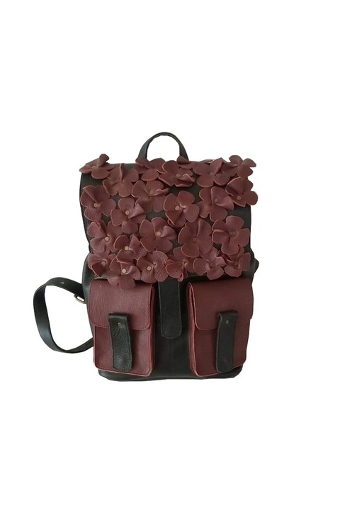 Rucsac piele naturala, Gentute din piele, Negru si bordo, 36x32x14 cm