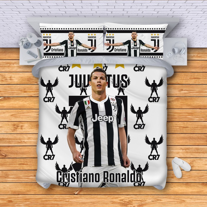 Lenjerie de pat pentru 2 persoane 3dg-textile, Model Ronaldo Juventus, Multicolor, 4 piese