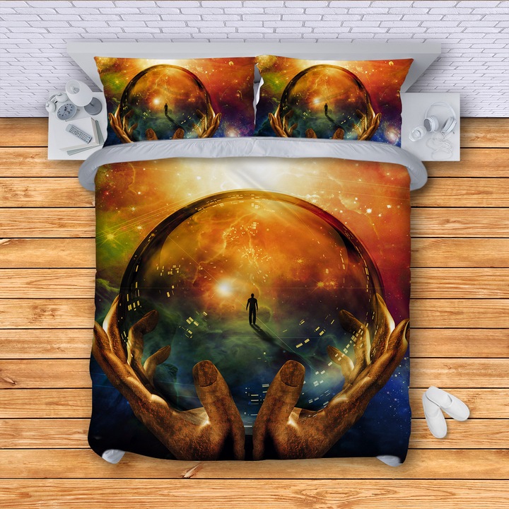 Lenjerie de pat 3DG-Textile, Model Planeta, 150 x 210 cm, 3 Piese, Multicolor