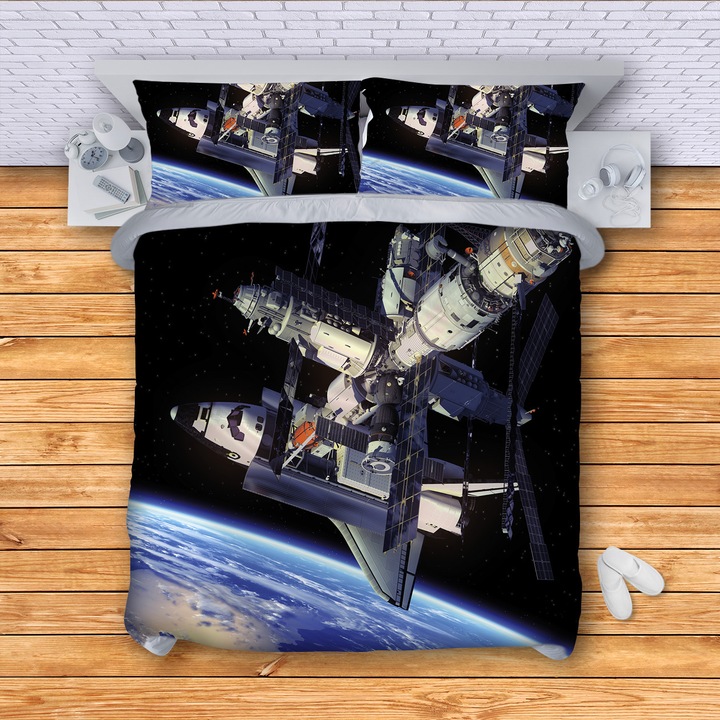 Lenjerie de pat pentru 2 persoane 3dg-textile, Model Space station, Multicolor, 4 piese