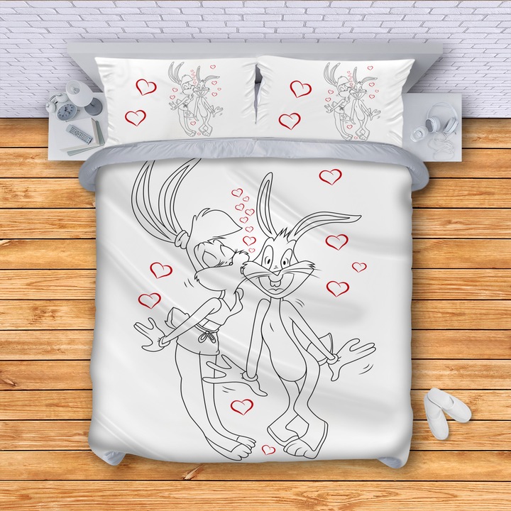 Lenjerie de pat pentru 2 persoane 3dg-textile, Model Bugs and Lola, Multicolor, 4 piese