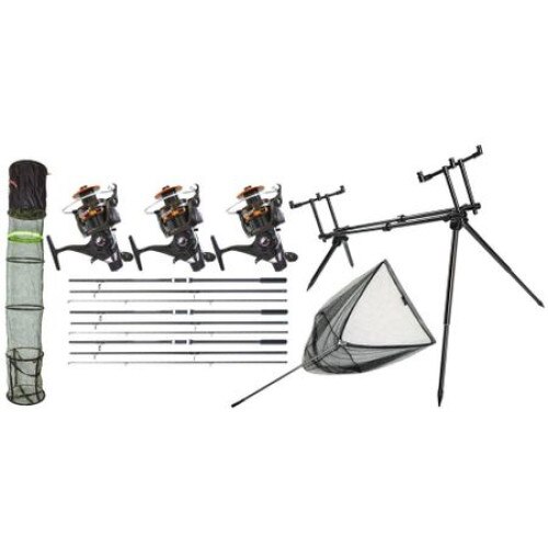 Set 3 Lansete, Master Carp, 3.90 metri, echipate cu 3 Mulinete, TR12-60, plus Rod pod, cu 3 posturi, juvelnic 2.5 metri si minciog crap cu deschidere mare