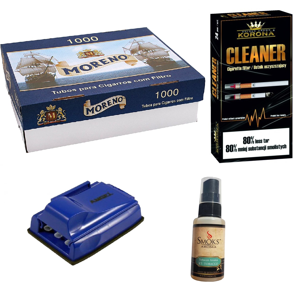 Set tuburi Moreno pentru injectat tutun 1000 bucati, aroma pentru tutun 30ml, 24 bucati filtre antinicotina si aparat triplu pentru injectat tutun
