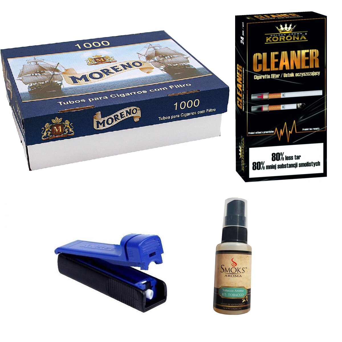 Set tuburi Moreno pentru injectat tutun 1000 bucati, aroma pentru tutun 30ml, 24 bucati filtre antinicotina si aparat pentru injectat tutun