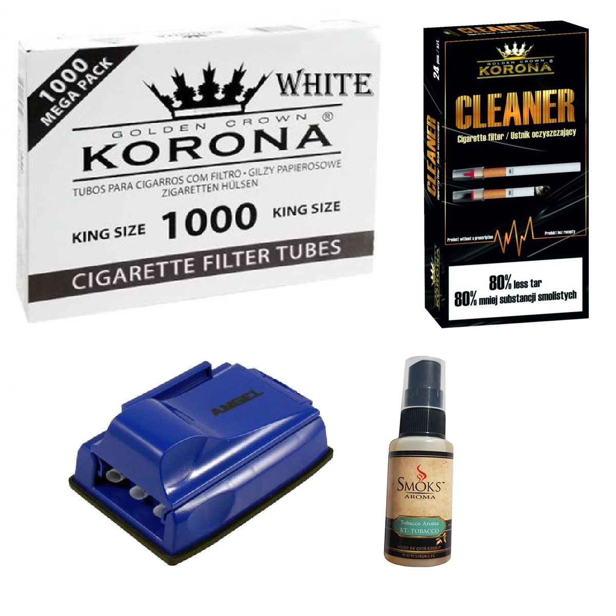 Set tuburi Korona pentru injectat tutun 1000 bucati, aroma pentru tutun 30ml, 24 bucati filtre antinicotina si aparat triplu pentru injectat tutun