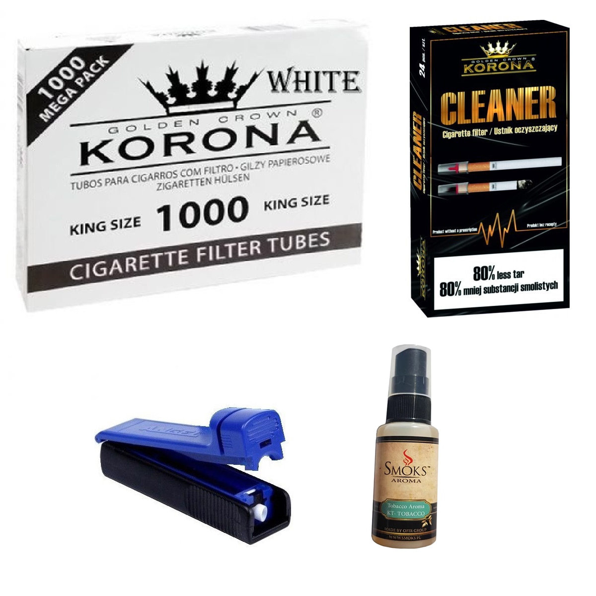 Set tuburi Korona pentru injectat tutun 1000 bucati, aroma pentru tutun 30ml, 24 bucati filtre antinicotina si aparat pentru injectat tutun