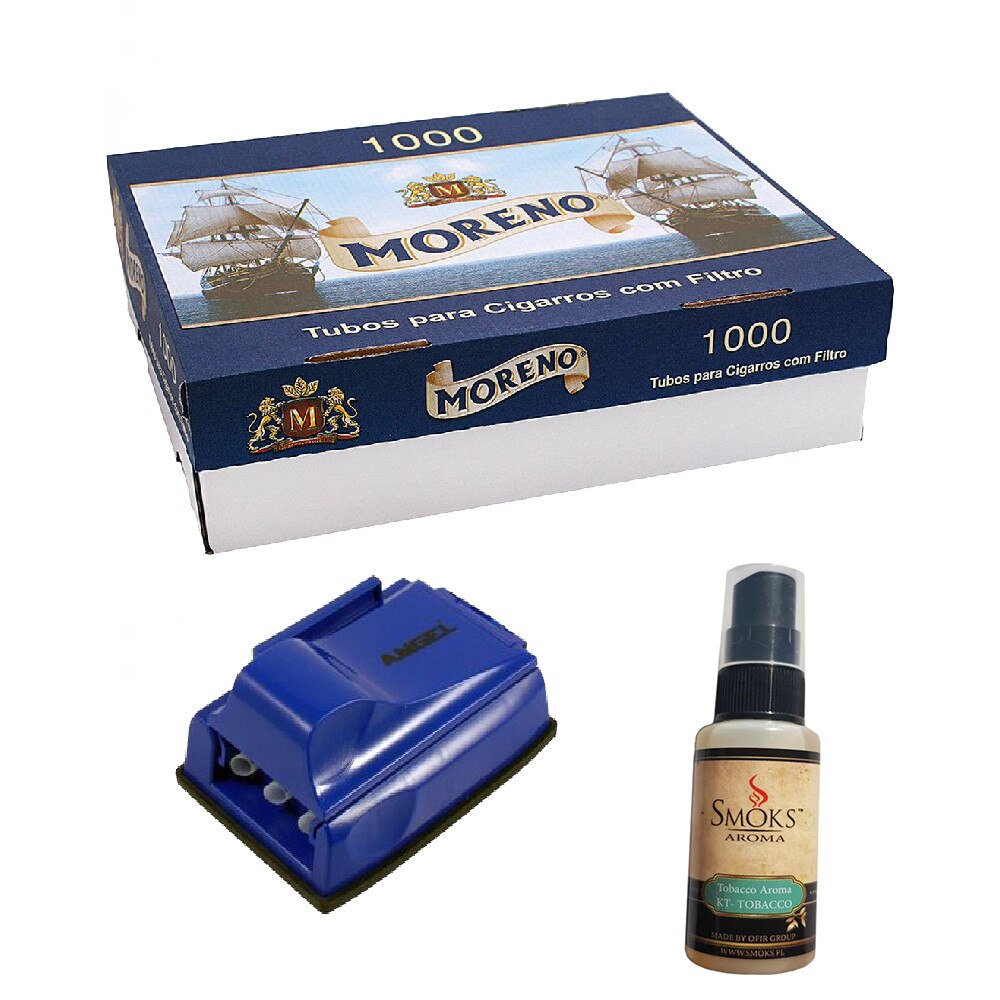 Set tuburi Moreno pentru injectat tutun 1000 bucati, aroma pentru tutun 30ml si aparat triplu pentru injectat tutun