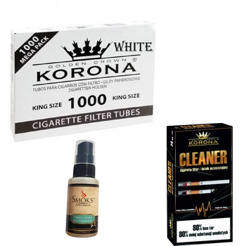 Set tuburi Korona pentru injectat tutun 1000 bucati, 24 bucati filtre antinicotina si aroma pentru tutun 30ml Set tuburi Korona pentru injectat tutun 1000 bucati, 24 bucati filtre antinicotina si aroma pentru tutun 30ml