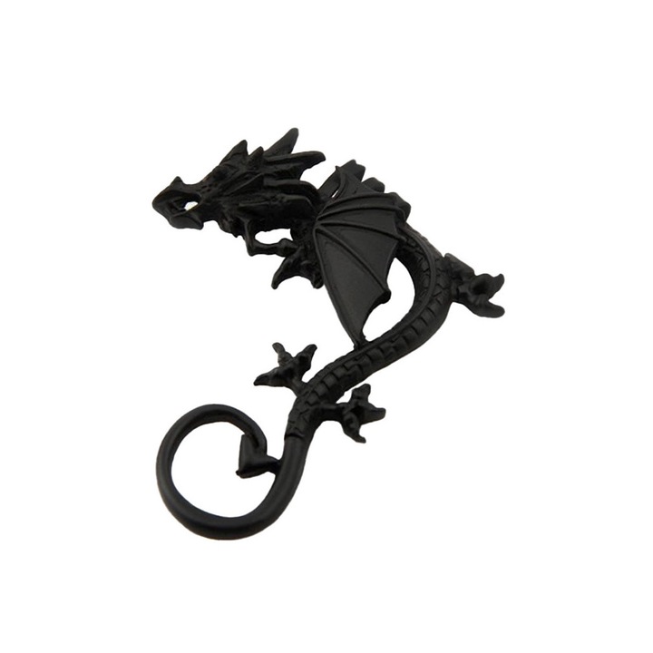 Cercel Tip ear cuff, model cu dragon cu creasta si aripi mici, coada ascutita, prindere pe ureche, Negru, Urechea stanga