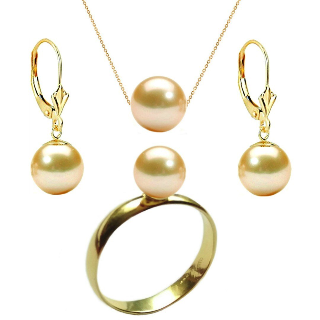 Set Aur Cercei Model Lalea, Colier si Inel cu Perle Naturale Premium Crem de 8 mm, marimea 16,5 mm