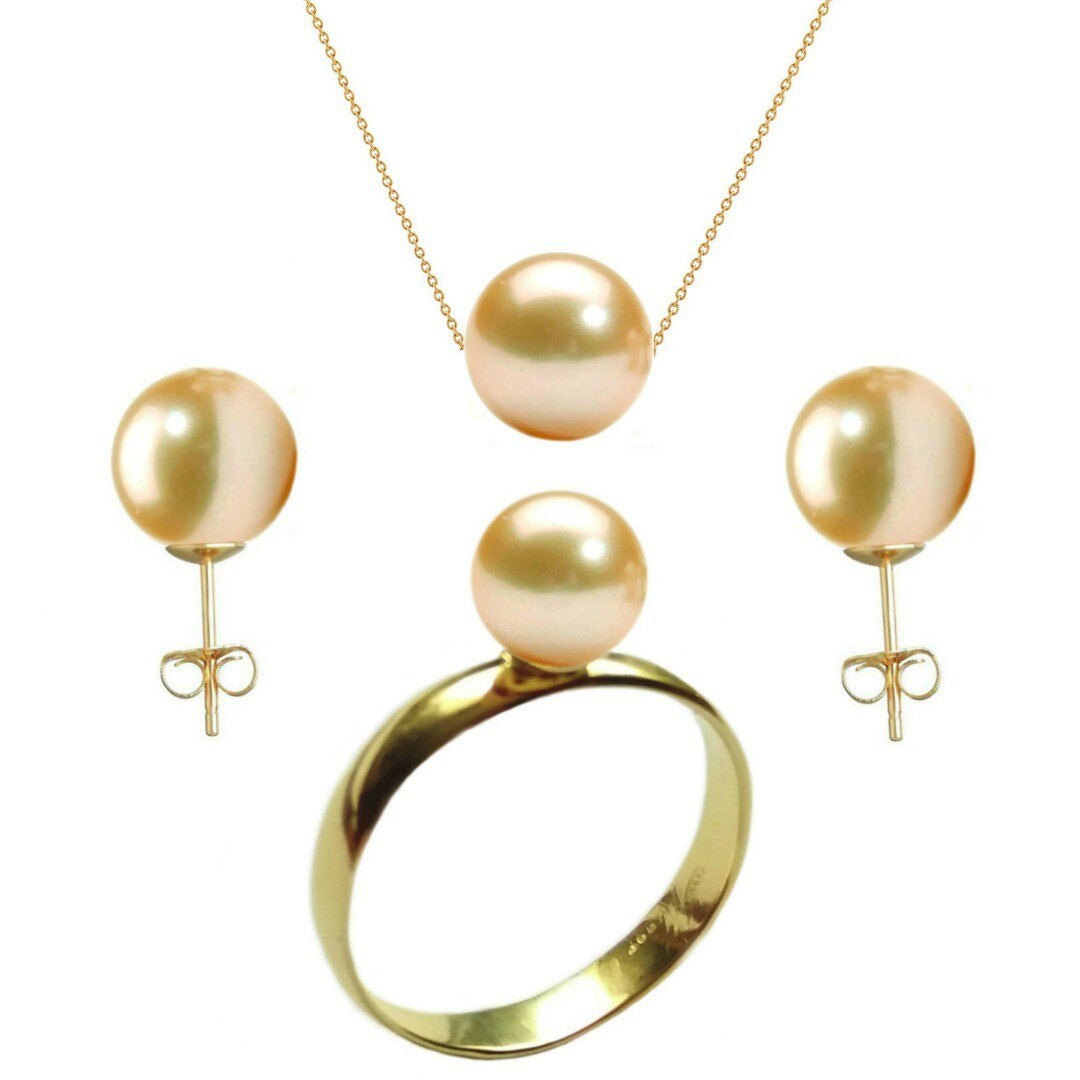 Set Aur Cercei Tip Surub, Colier si Inel cu Perle Naturale Premium Crem de 8 mm, marimea 20,6 mm