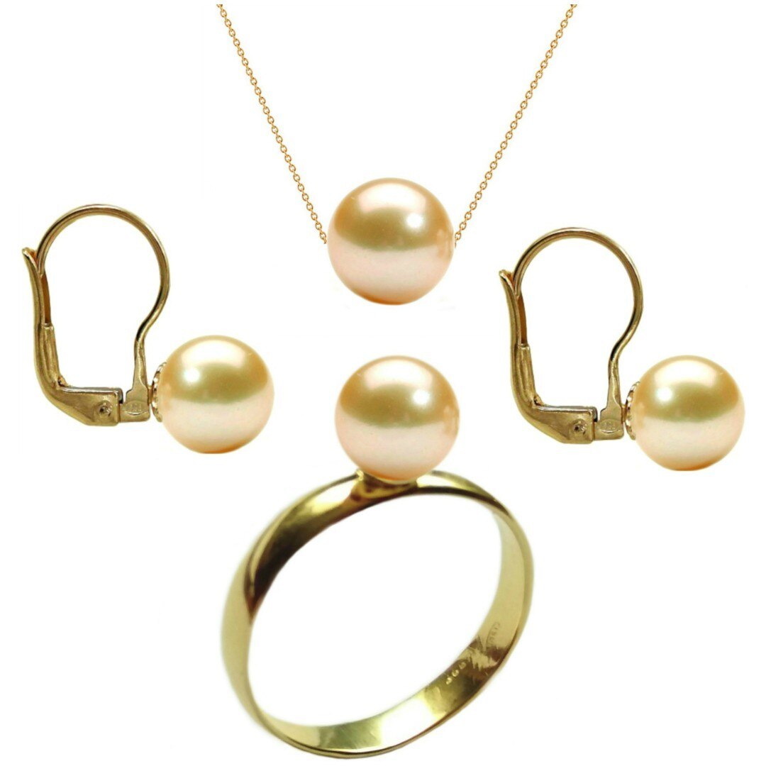 Set Aur Cercei cu Tortita, Colier si Inel cu Perle Naturale Premium Crem de 8 mm, marimea 22,2 mm