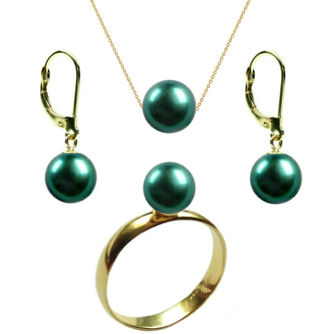Set Aur Cercei cu Tortita Inchisa, Colier si Inel cu Perle Naturale Premium Verde Smarald de 8 mm,marimea 16,5 mm