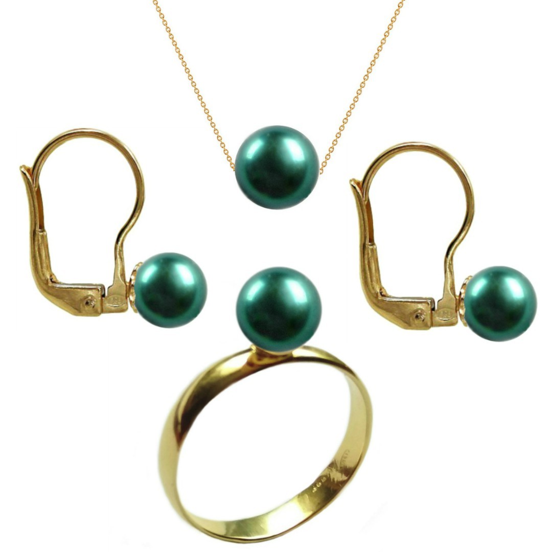 Set Aur Cercei cu Tortita, Colier si Inel cu Perle Naturale Premium Verde Smarald de 8 mm, marimea 17,3 mm
