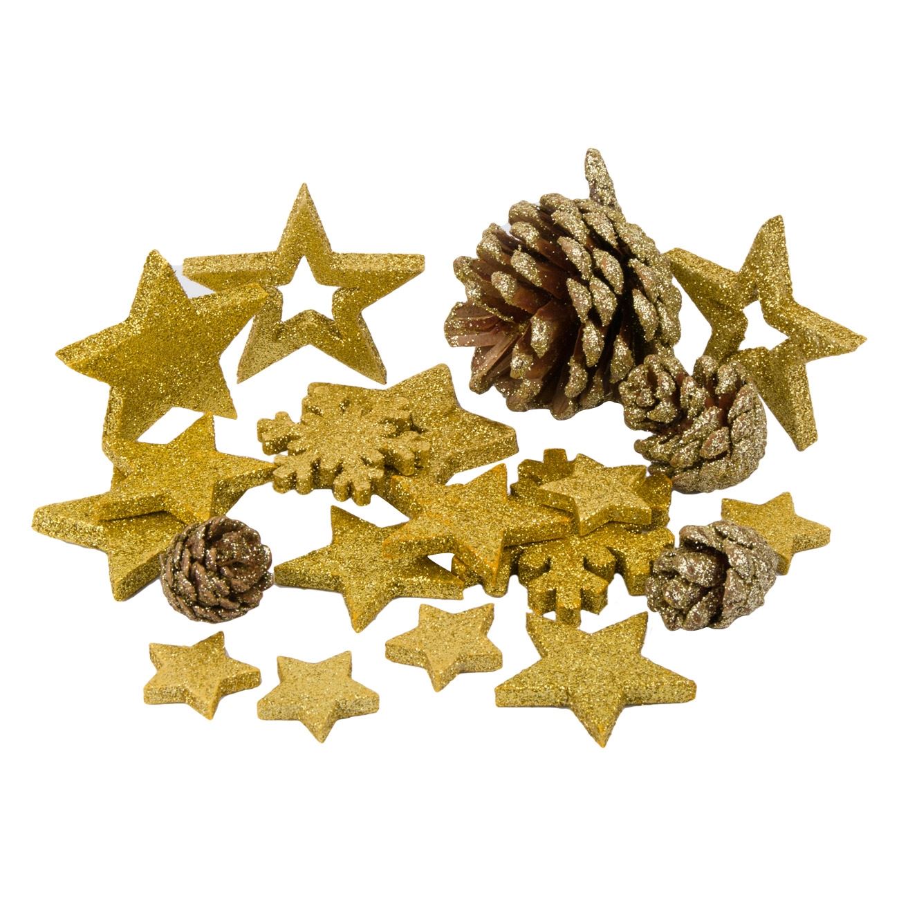 Set 20 conuri si figurine aurii decorative de Craciun, DecorCasa, 7 x 0.8 cm