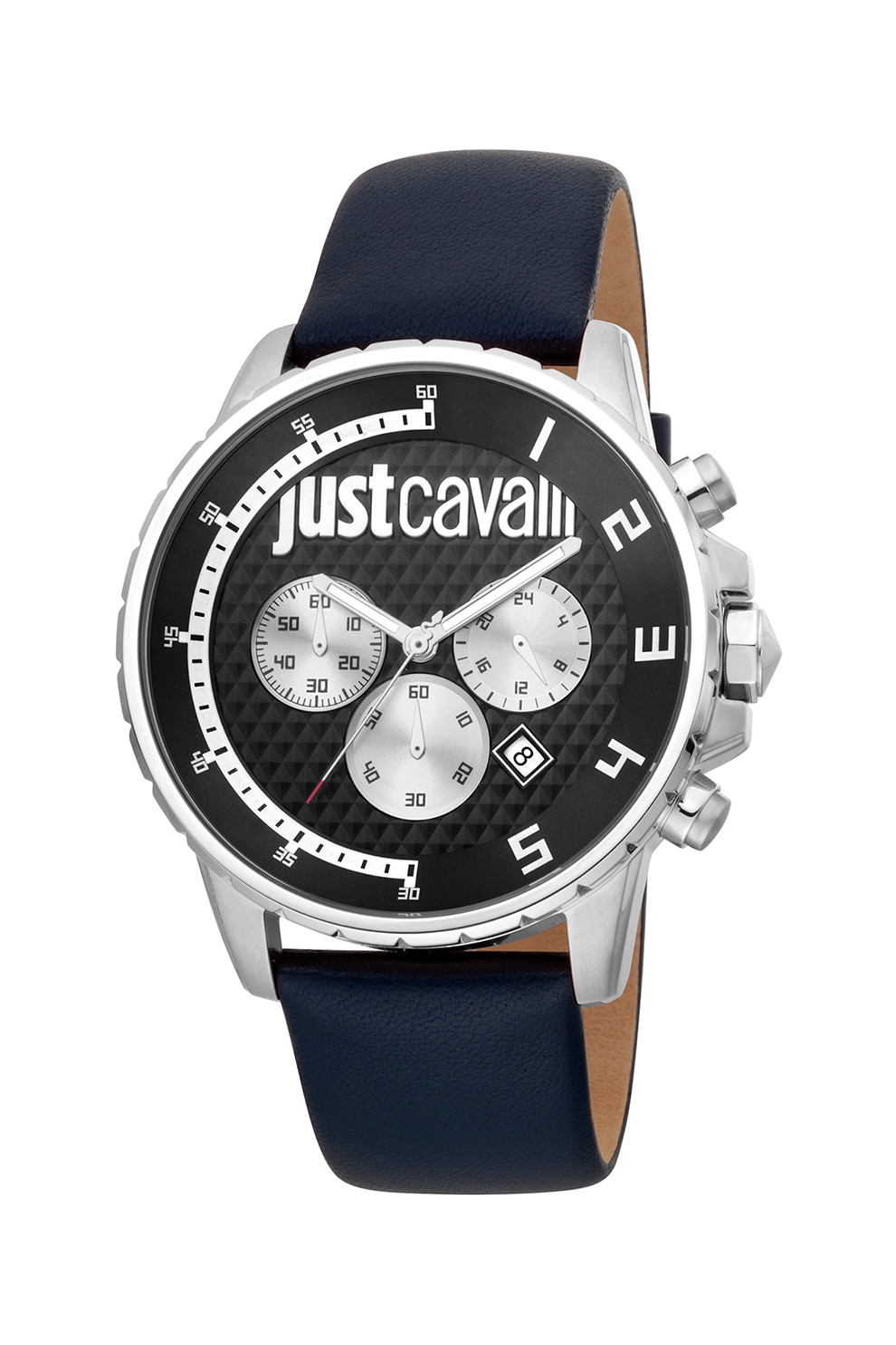 JUST CAVALLI, Ceas cronograf cu o curea de piele, Bleumarin/Argintiu/Negru