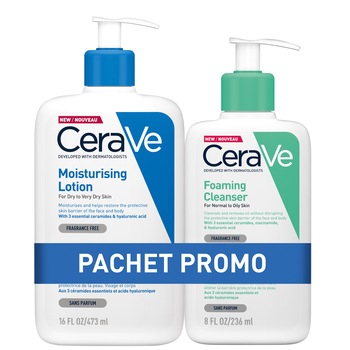 Pachet Promo CeraVe Lotiune Hidratanta pentru fata si corp, piele uscata si foarte uscata, 473 ml + Gel de spalare spumant, 236 ml Pachet Promo CeraVe Lotiune Hidratanta pentru fata si corp, piele uscata si foarte uscata, 473 ml + Gel de spalare spumant, 236 ml