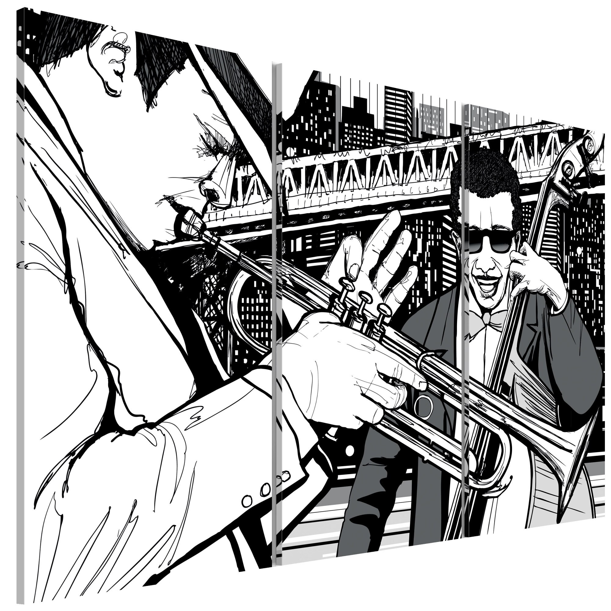 Tablou canvas 3 piese - Concert de jazz pe fundalul zgarie-norilor din New York - 90 x 60 cm