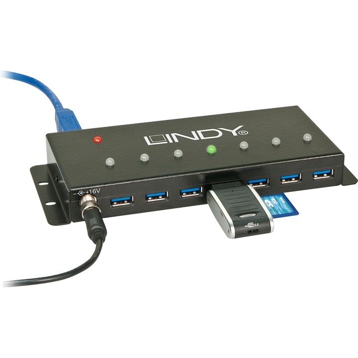 Хъб, Lindy, USB 3.0 със 7 порта, черен, Метален