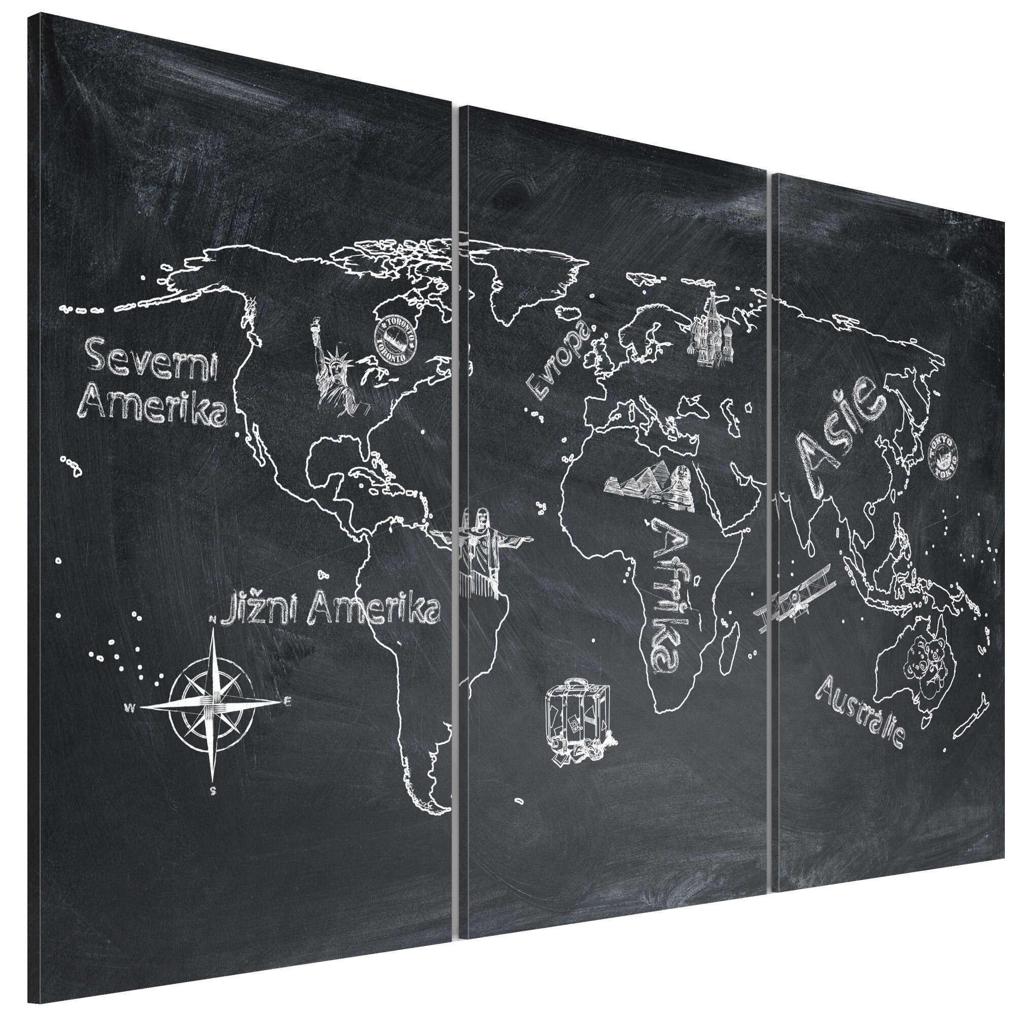 Tablou canvas 3 piese - Lectie de geografie Triptic de limba ceha - 90 x 60 cm