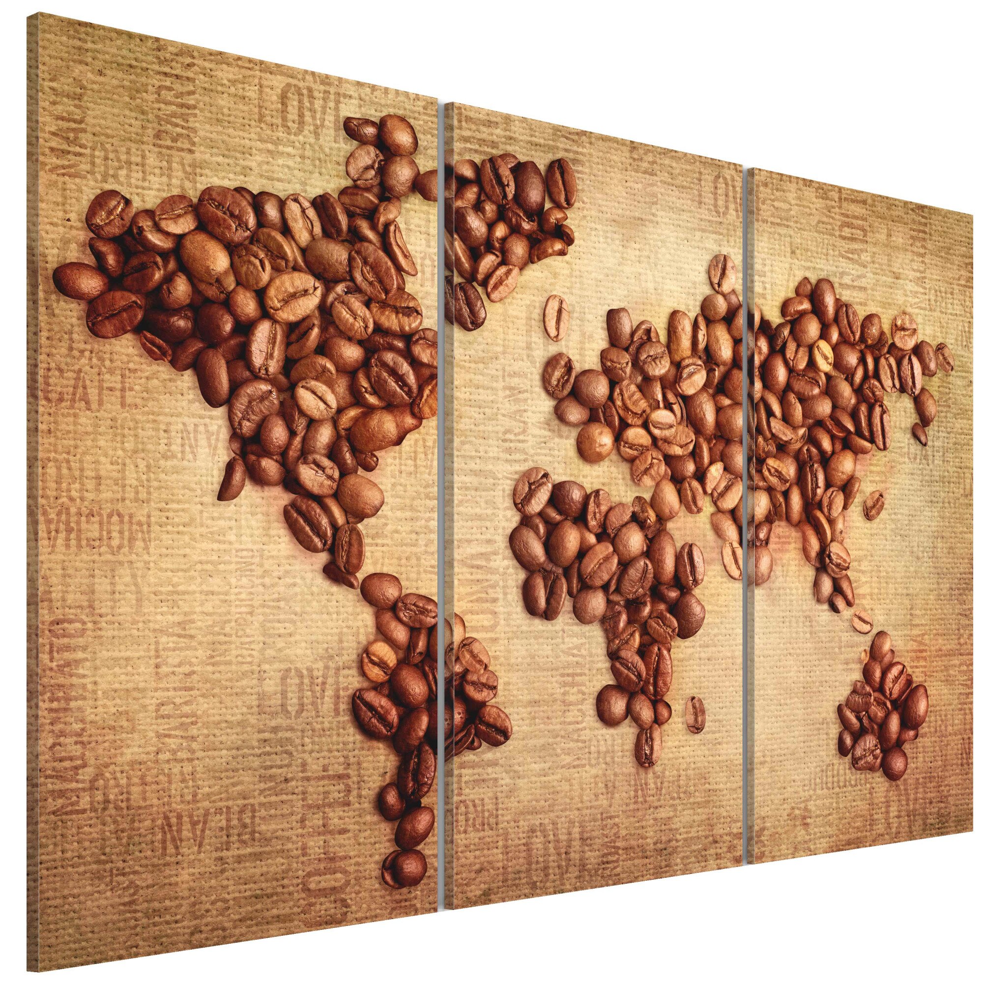 Tablou canvas 3 piese - Cafea din tripticul din Intreaga lume - 90 x 60 cm