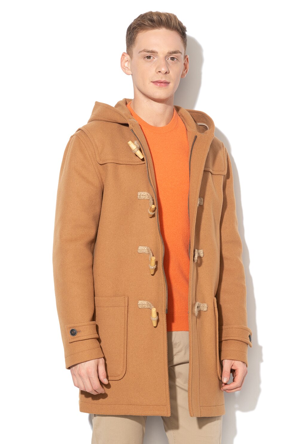 United Colors of Benetton, Palton duffle din amestec de lana, cu gluga, Maro scortisoara, M