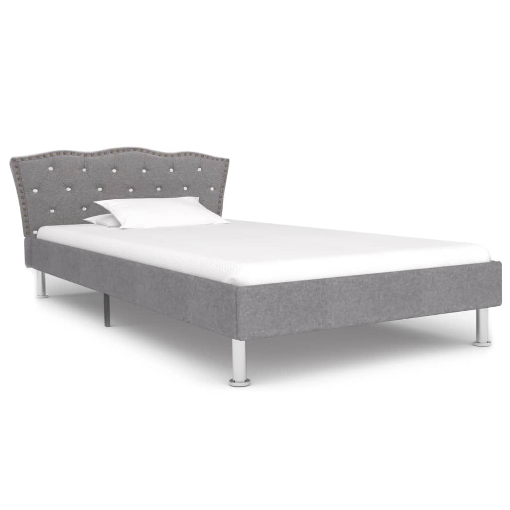 Set pat cu saltea cu spuma memorie, vidaXL, Tapiterie textila, cadru lemn, 90 x 200 cm, Gri deschis