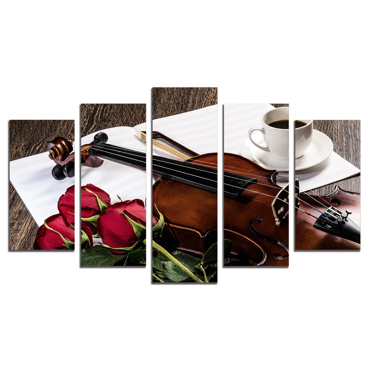 Set Tablouri Multicanvas 5 Piese, Compozitie romantica cu trandafiri si vioara, 108х60 cm