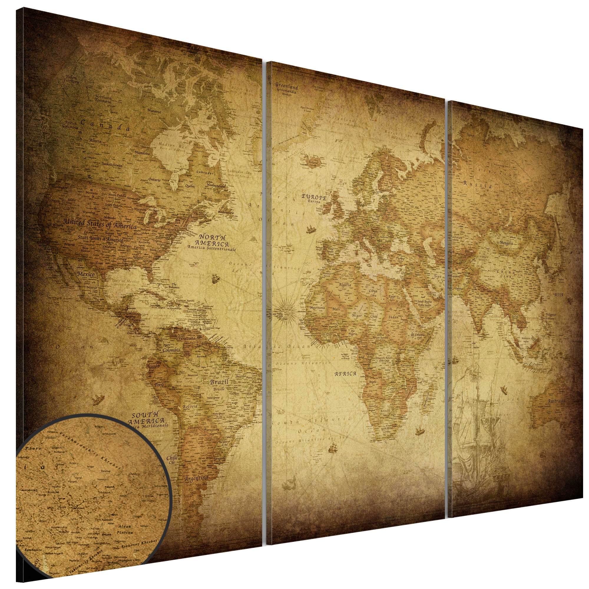 Tablou canvas 3 piese - Harta veche triptic - 90 x 60 cm