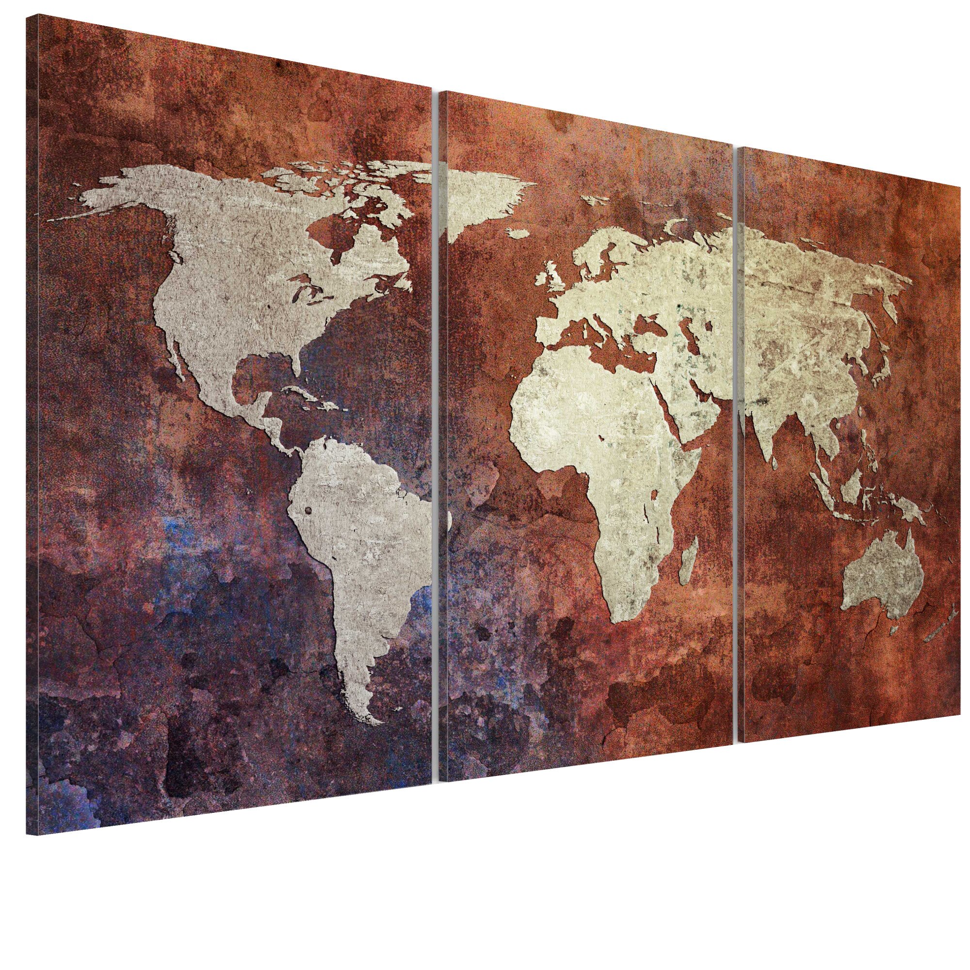 Tablou canvas 3 piese - Harta ruginita a tripticului Lumii - 90 x 60 cm