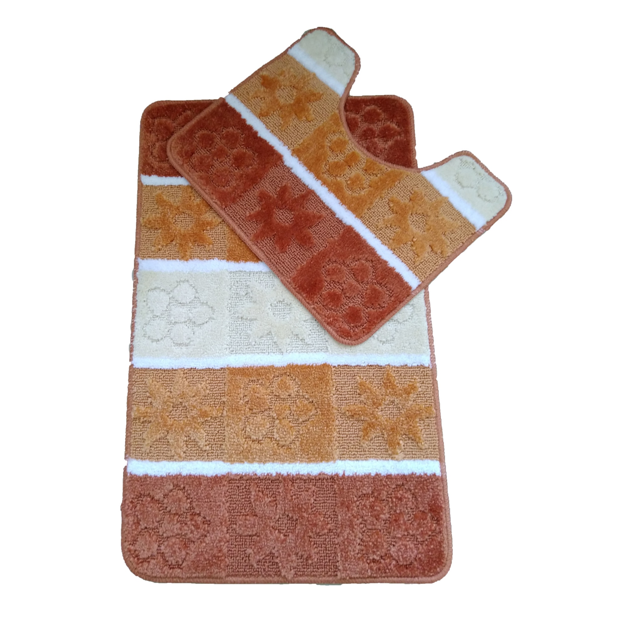 Set 2 covorase baie Basic Standard , 50x80cm/40x50cm, antiderapant, polipropilena, tip dungi, culoare maro teracota, model flori si stelute, gramaj 800 g